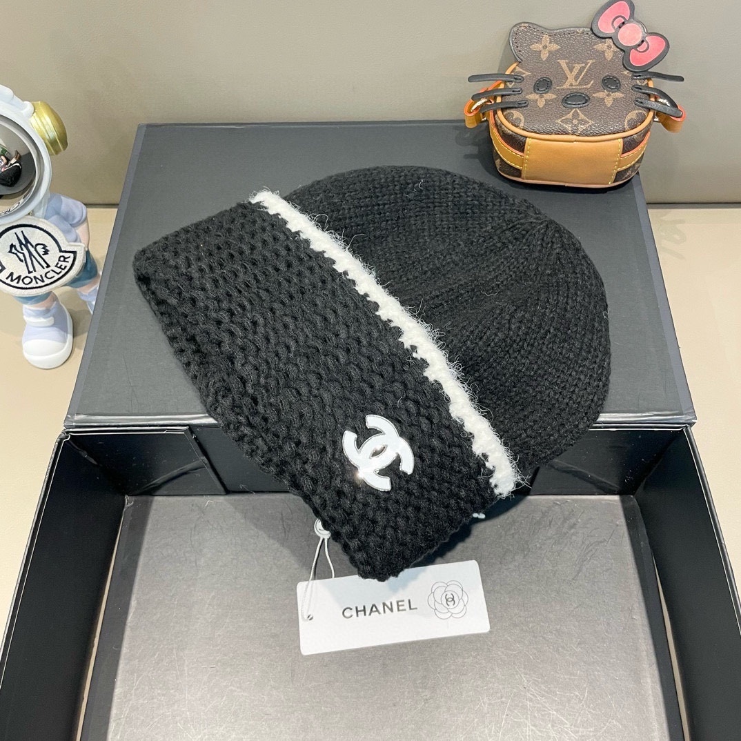 Chanel Black Knit Beanie White Logo – Designer Headwear