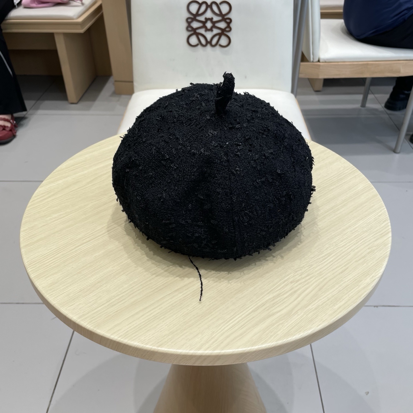 Textured Black Chanel Beret – Wool Blend Cap