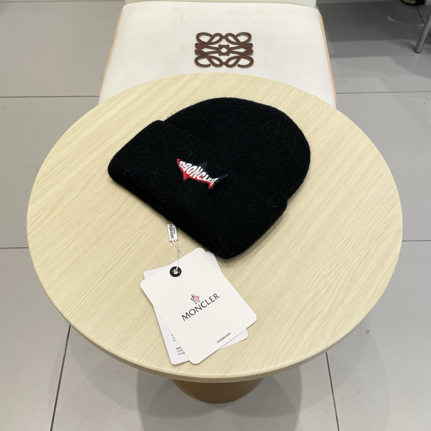 Moncler Black Logo Patch Knit Beanie – Designer Headwear