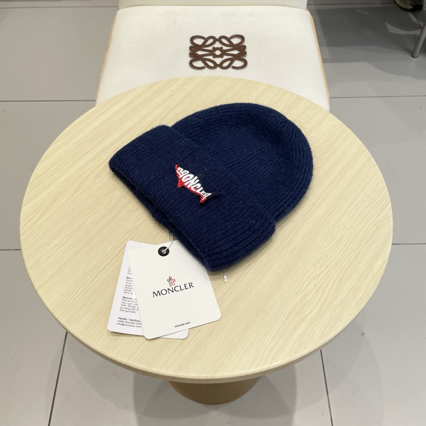 Moncler Navy Beanie Logo – Moncler Navy Blue Wool Beanie – Embroidered