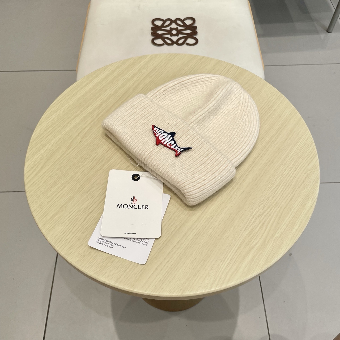 Moncler Cream Ribbed Beanie – Designer Winter Hat