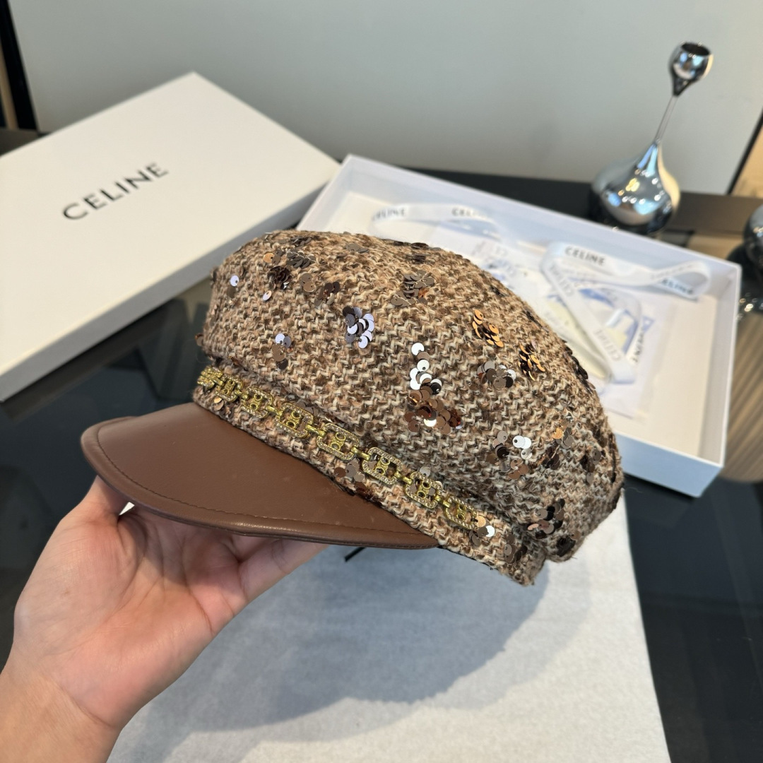Celine Sequin Tweed Captain Hat – Brown Leather Visor
