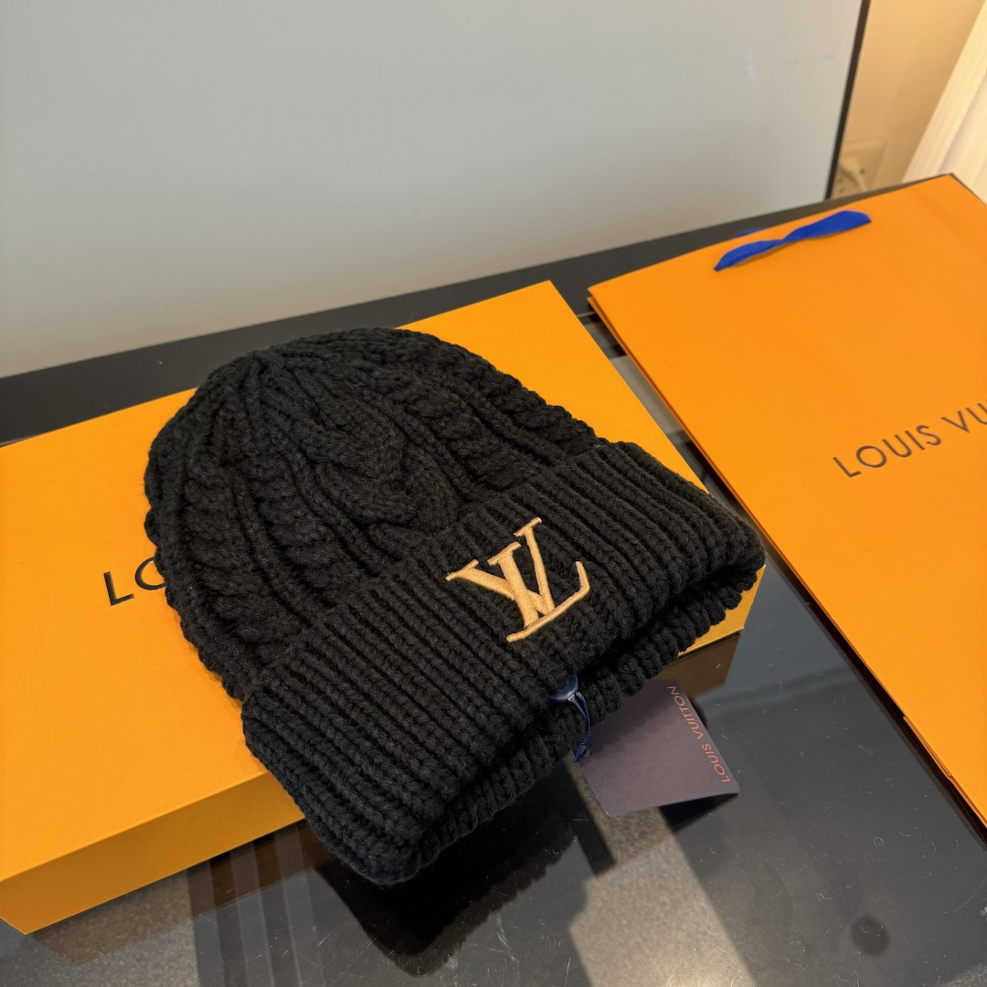 gold Louis Vuitton Black Knit Beanie