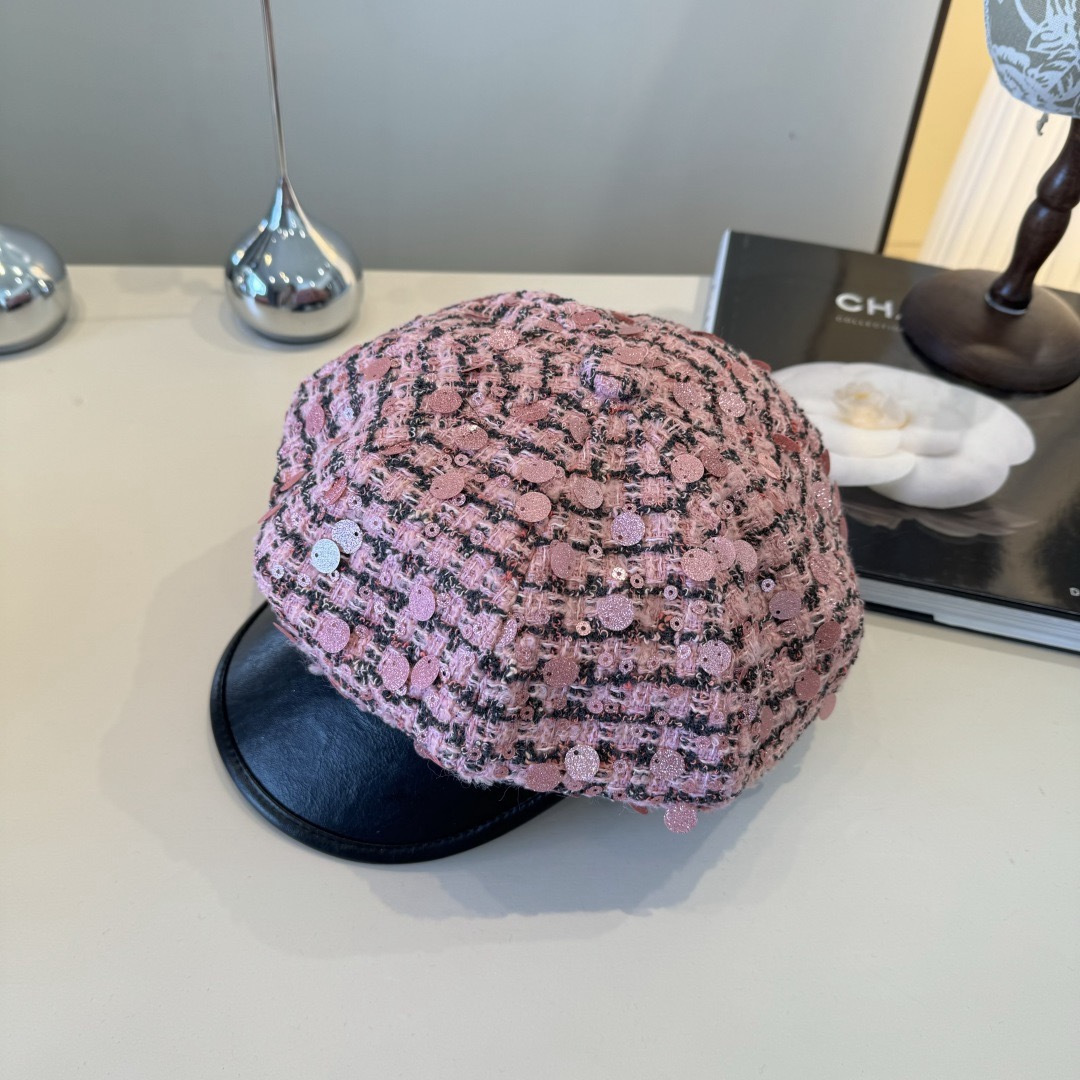 black leather Chanel Pink Tweed Sequin Cap – Chanel Pink Tweed Sequin