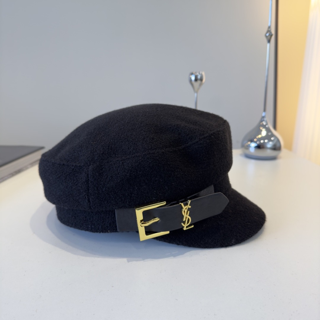 Saint Laurent Black Wool Sailor Cap gold buckle