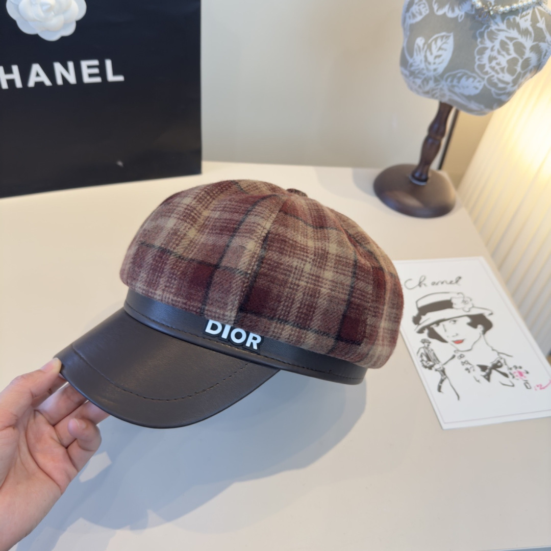 brown burgundy Dior Plaid Wool Blend Cap