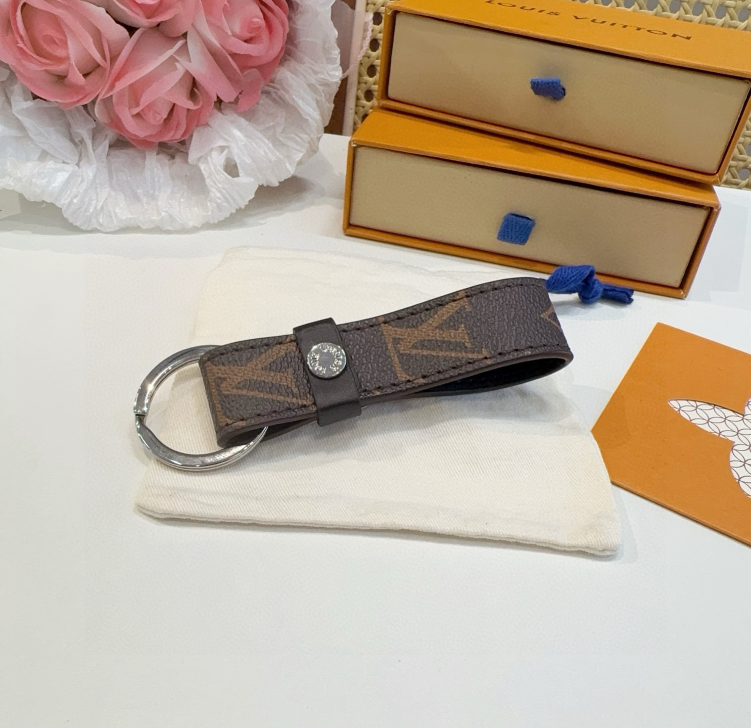 LV Monogram Canvas Key Ring – Brown Leather Strap