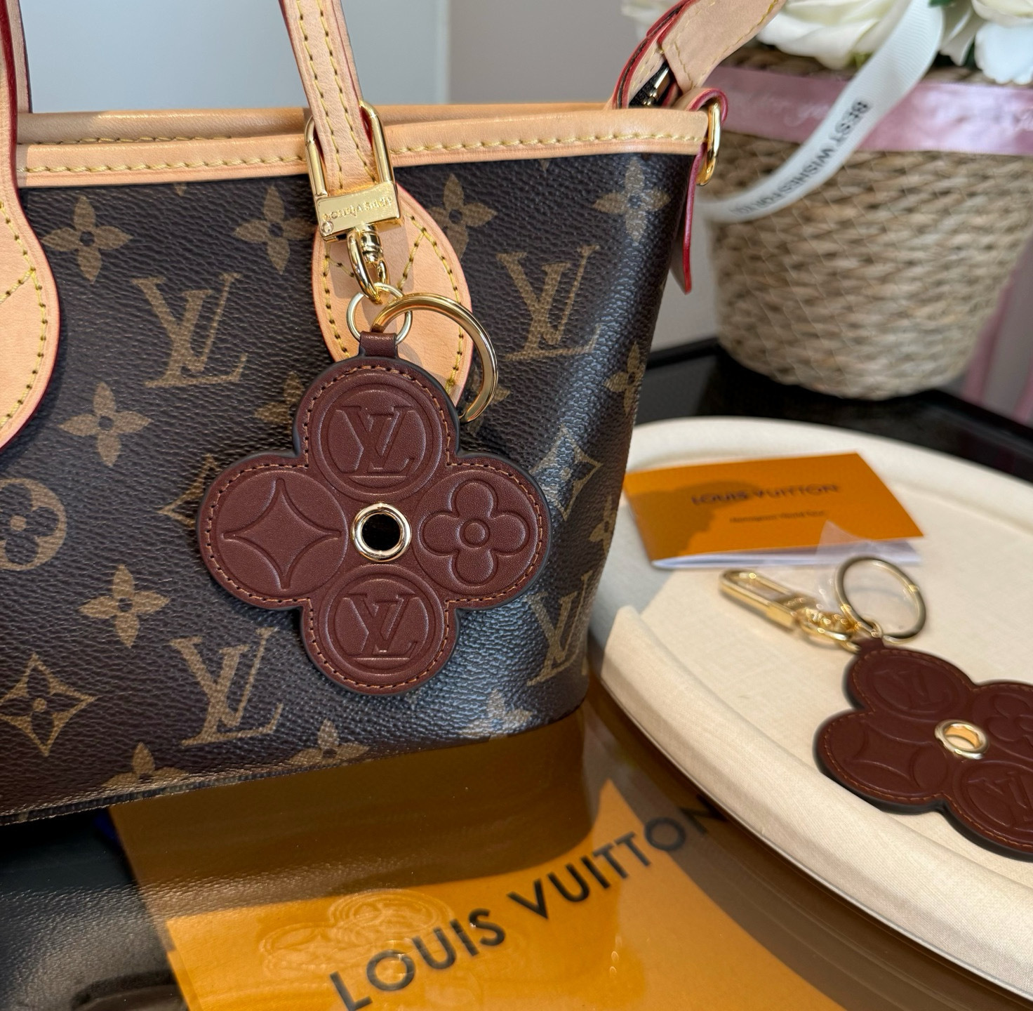 LV Monogram Flower Keychain – Burgundy Leather Charm