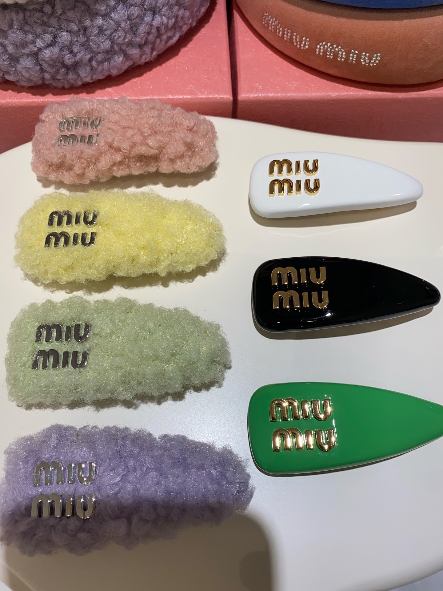 Miu Miu Pastel Fur Logo Hair Clips - Designer Accessories