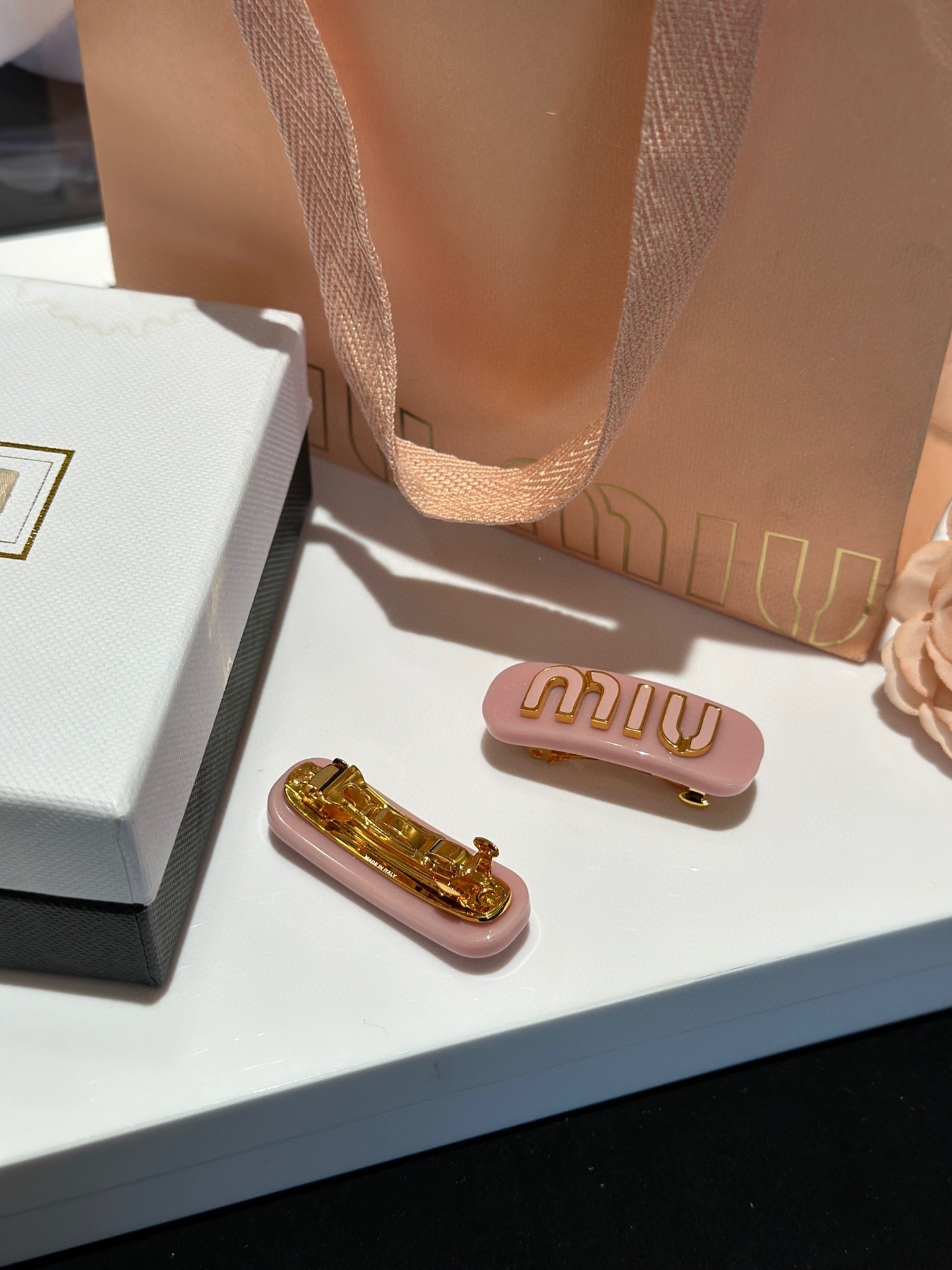 Miu Miu Hair Clip Set - Pink & Silver/Gold Logo