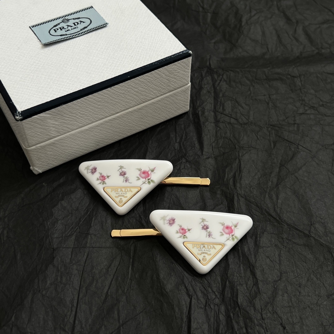 Prada White Floral Hair Clips accessory - Prada White Floral Triangle