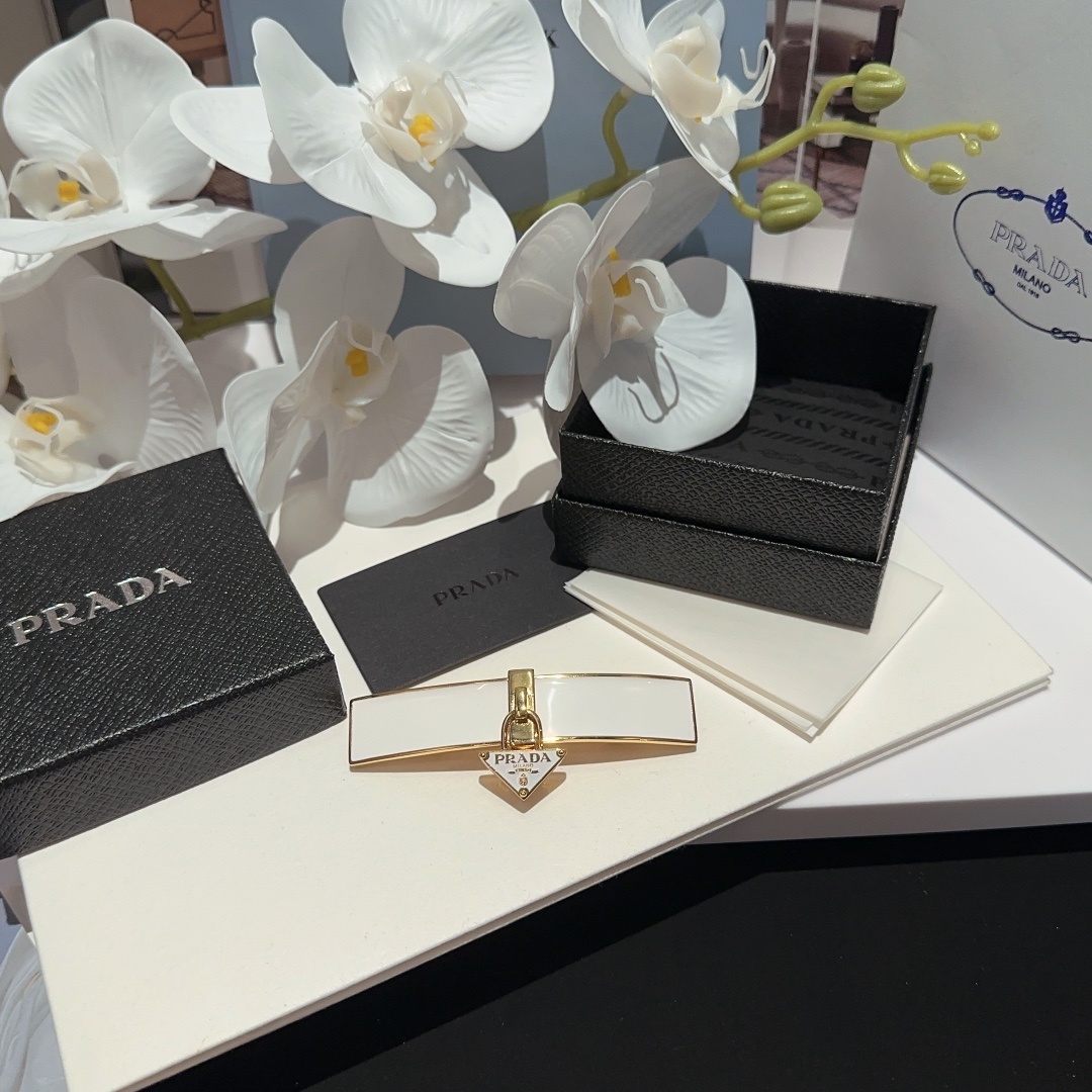 designer Prada White Gold Logo Barrette - Prada White Gold Logo 2