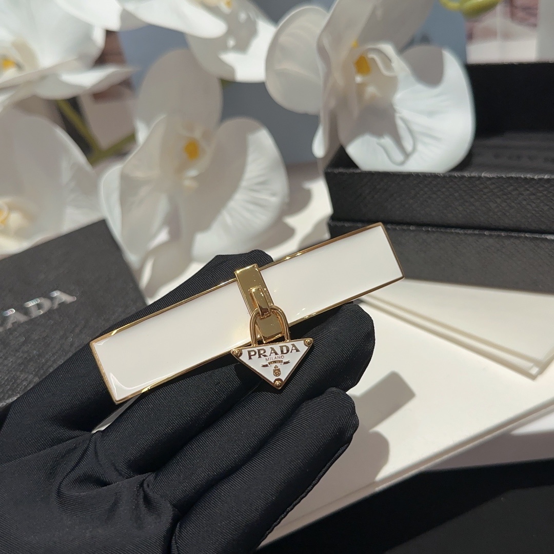 Prada White & Gold Logo Hair Clip - Premium Quality