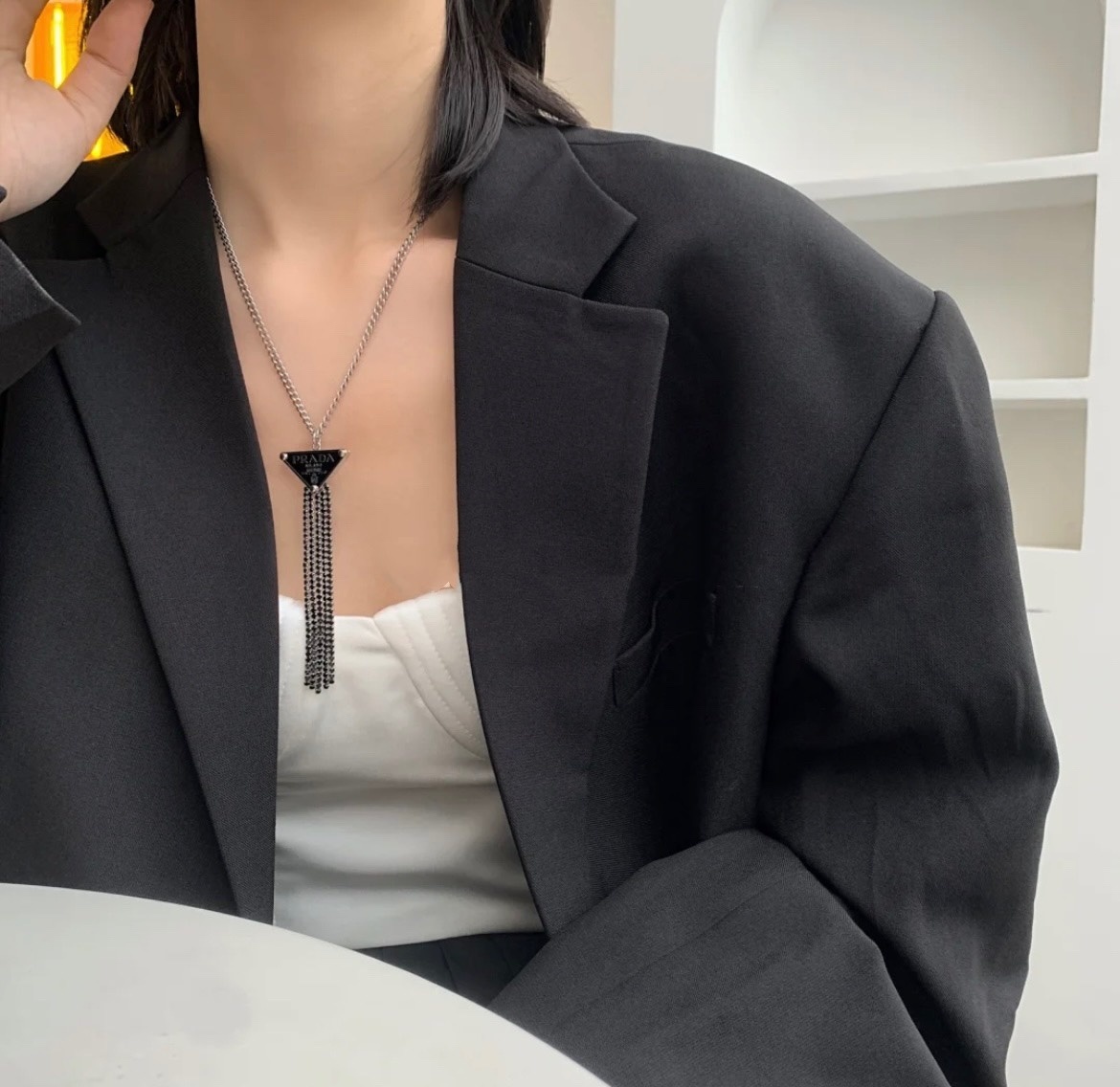 Prada Black Tassel Necklace – Silver Chain Pendant