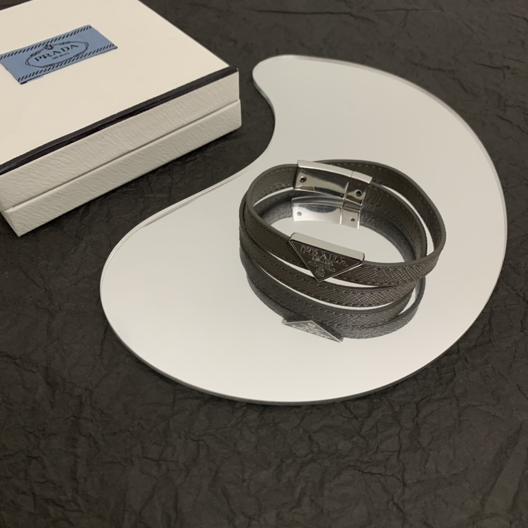 silver Prada Gray Leather Wrap Bracelet – Prada Gray Leather Wrap