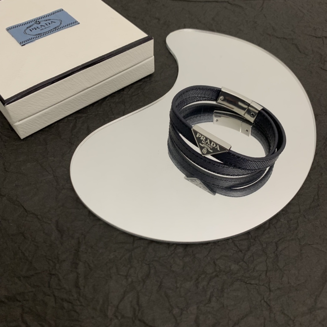 Prada Black Leather Wrap Bracelet Silver Logo – Stylish