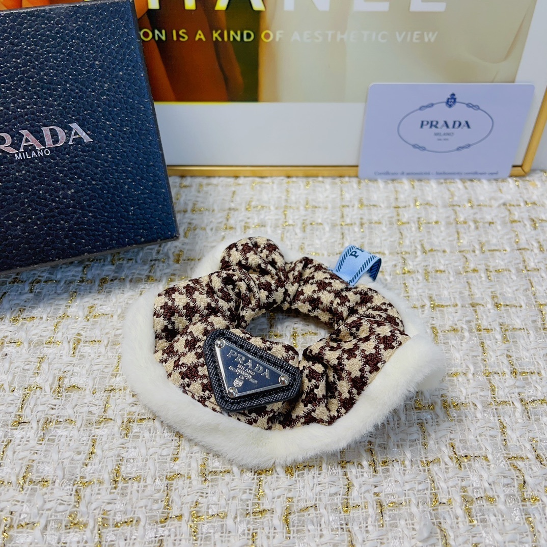 Premium Houndstooth Hair Scrunchie with Faux Fur Trim