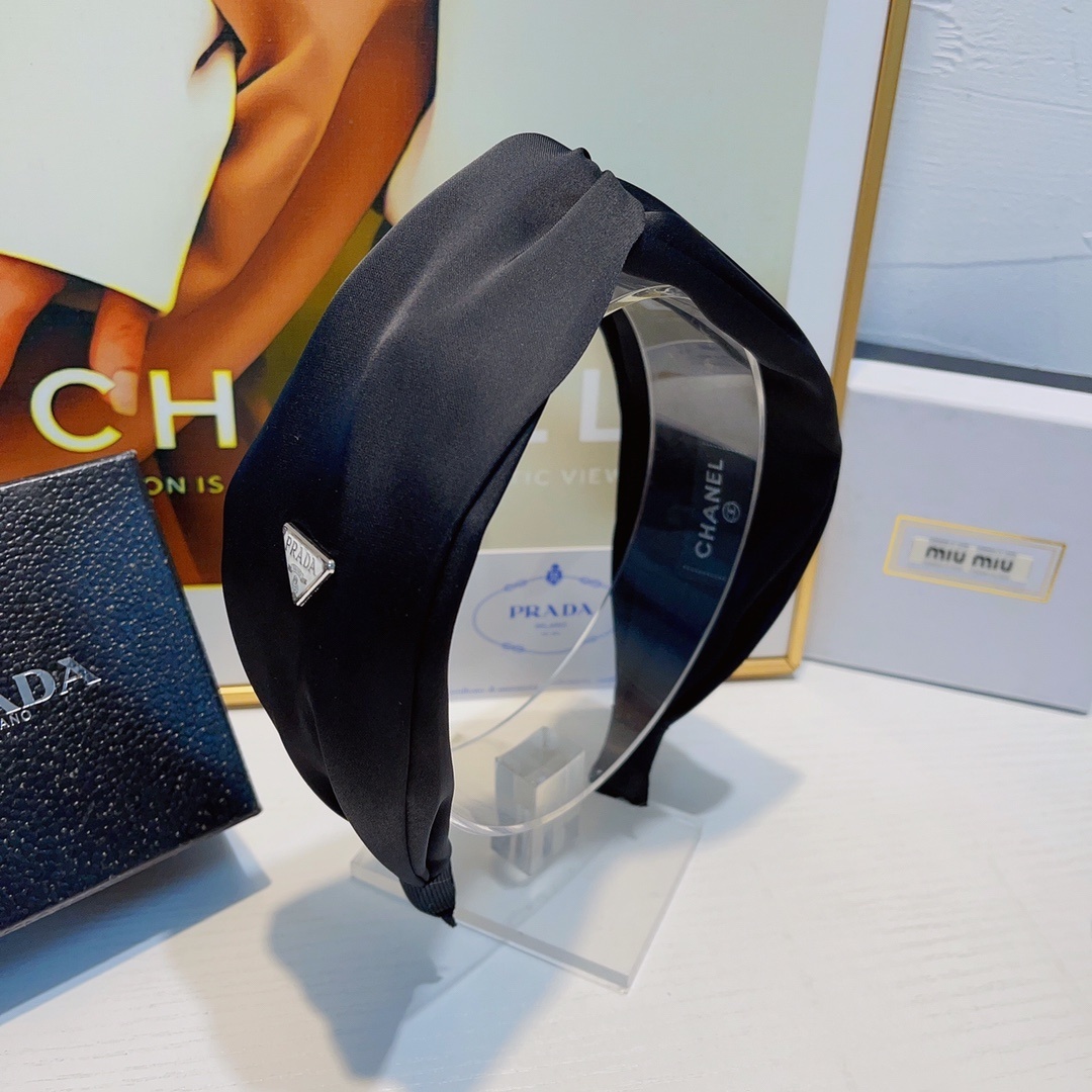 Prada Black Satin Headband triangle logo - Prada Black Satin Triangle