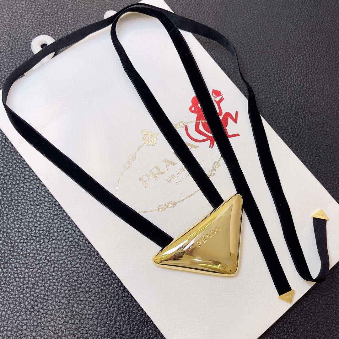 Prada Velvet Gold Choker – Prada Gold Triangle Pendant Black Velvet