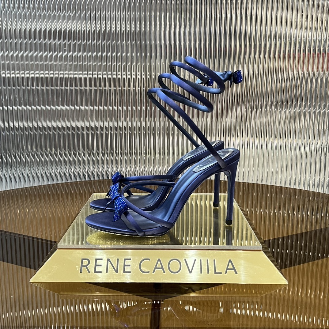 René Caovilla Navy Satin Cleo Sandals - Crystal Embellished
