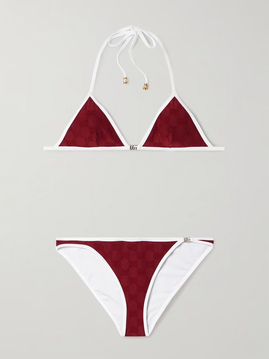 Burgundy monogram bikini with white trim