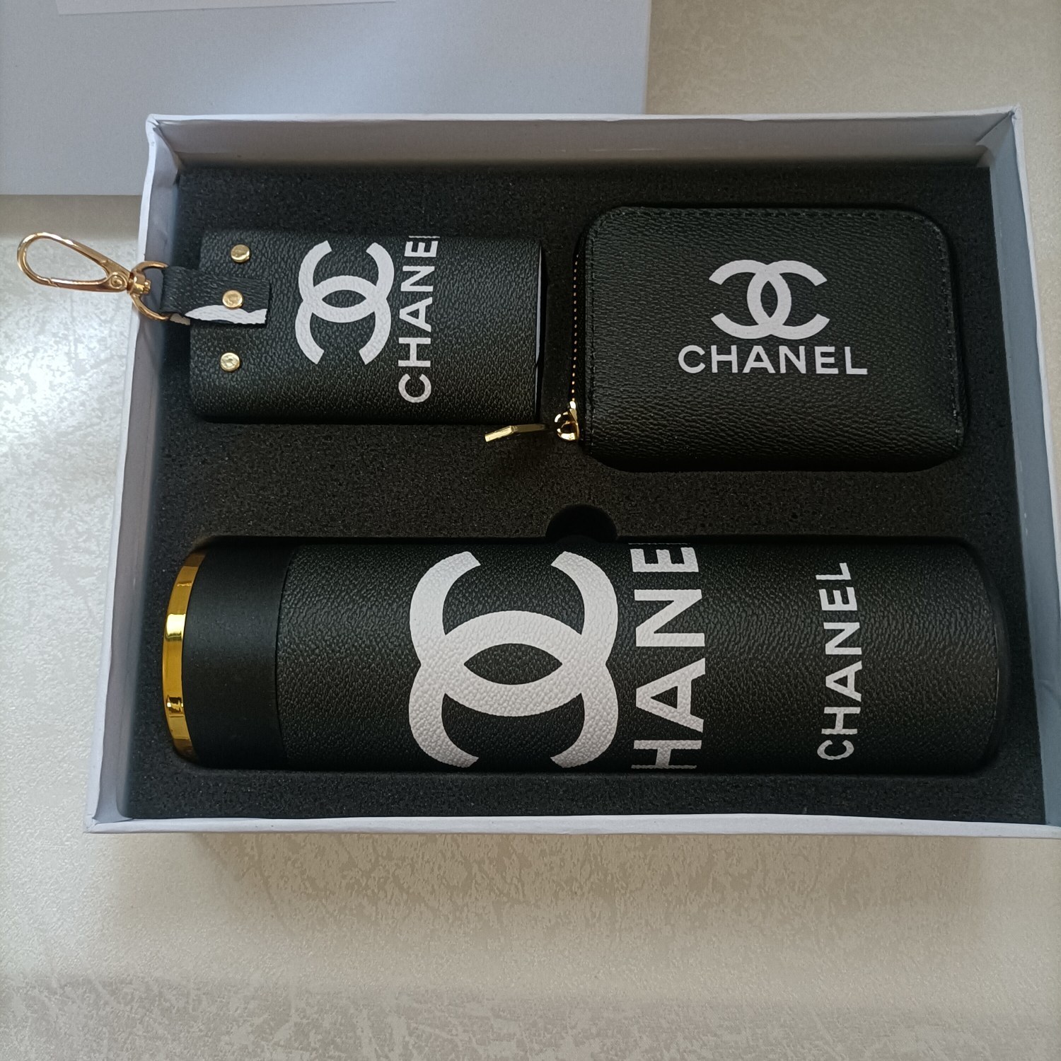 bottle keychain Chanel Black Leather Gift Set - Chanel Black Leather