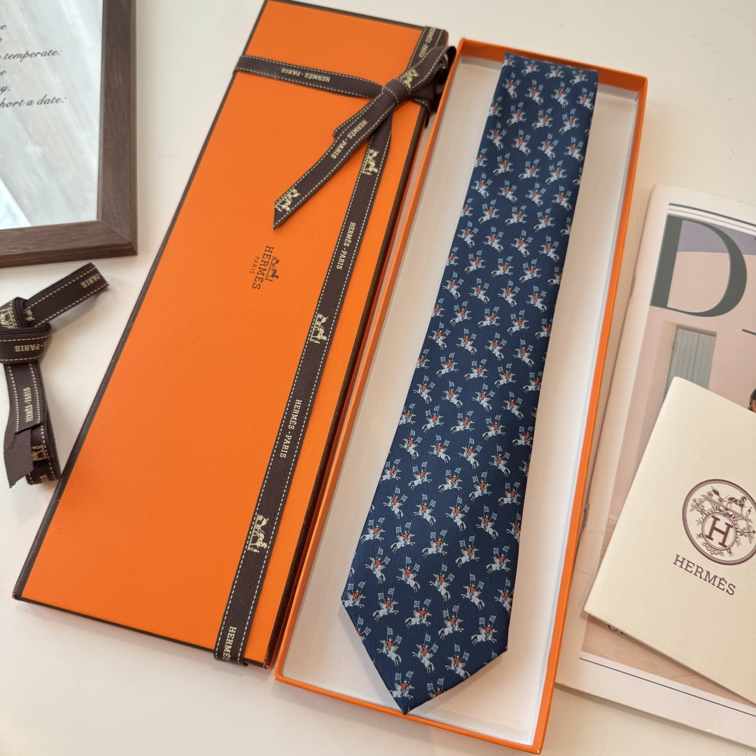 Hermès Navy Cavalcadour Silk Tie – Designer Elegance