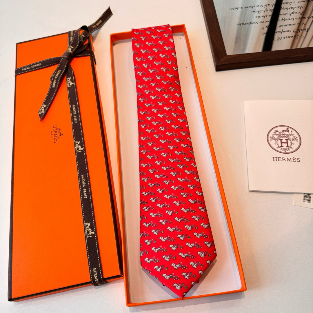 Hermès Red Squirrel Print Silk Tie – Brand New in Box