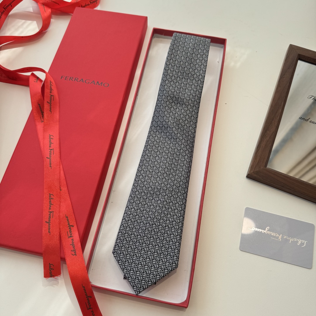 Ferragamo Grey Geometric Silk Tie – Designer Neckwear