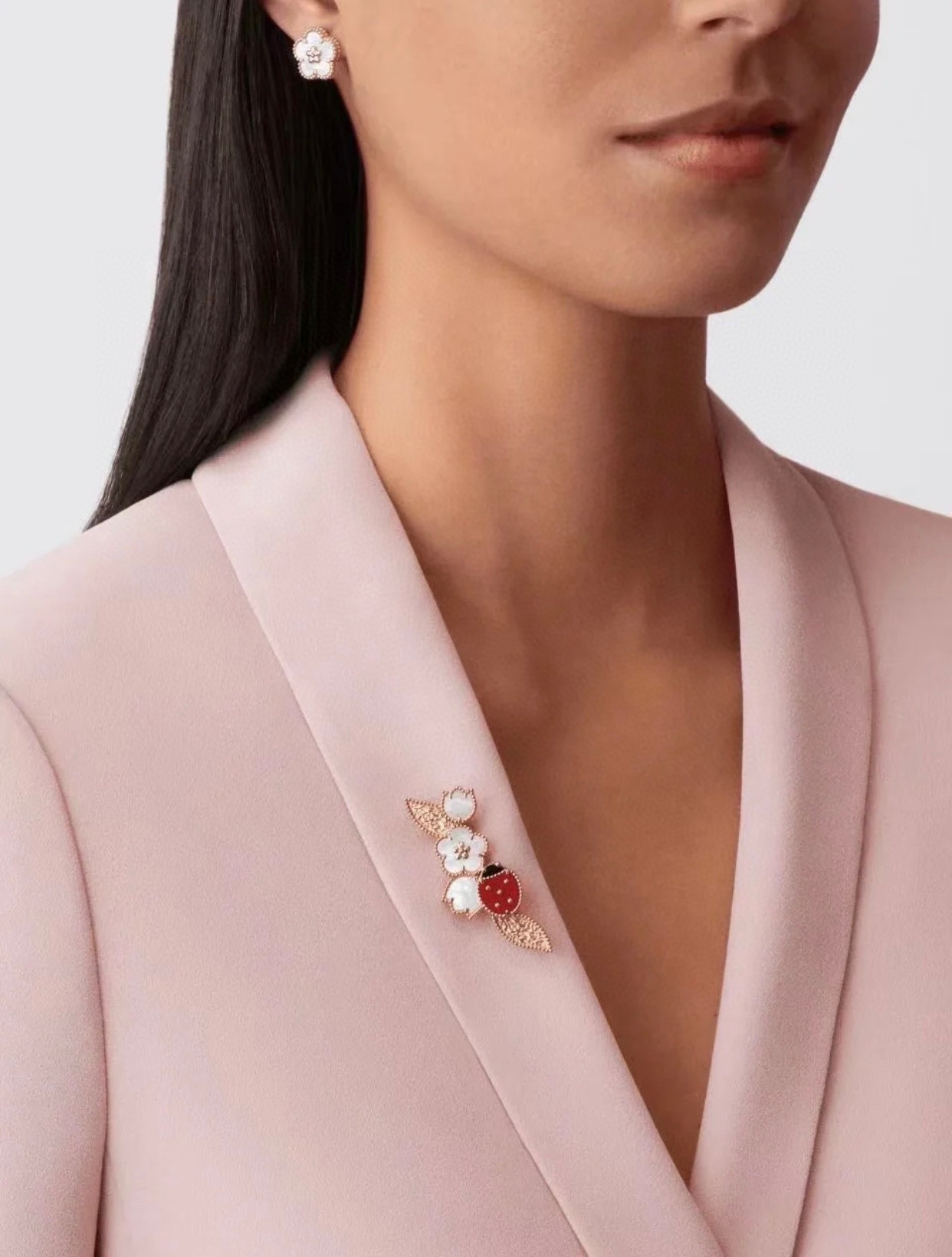 Van Cleef Red Ladybug Brooch – Rose Gold & Pearl Accent