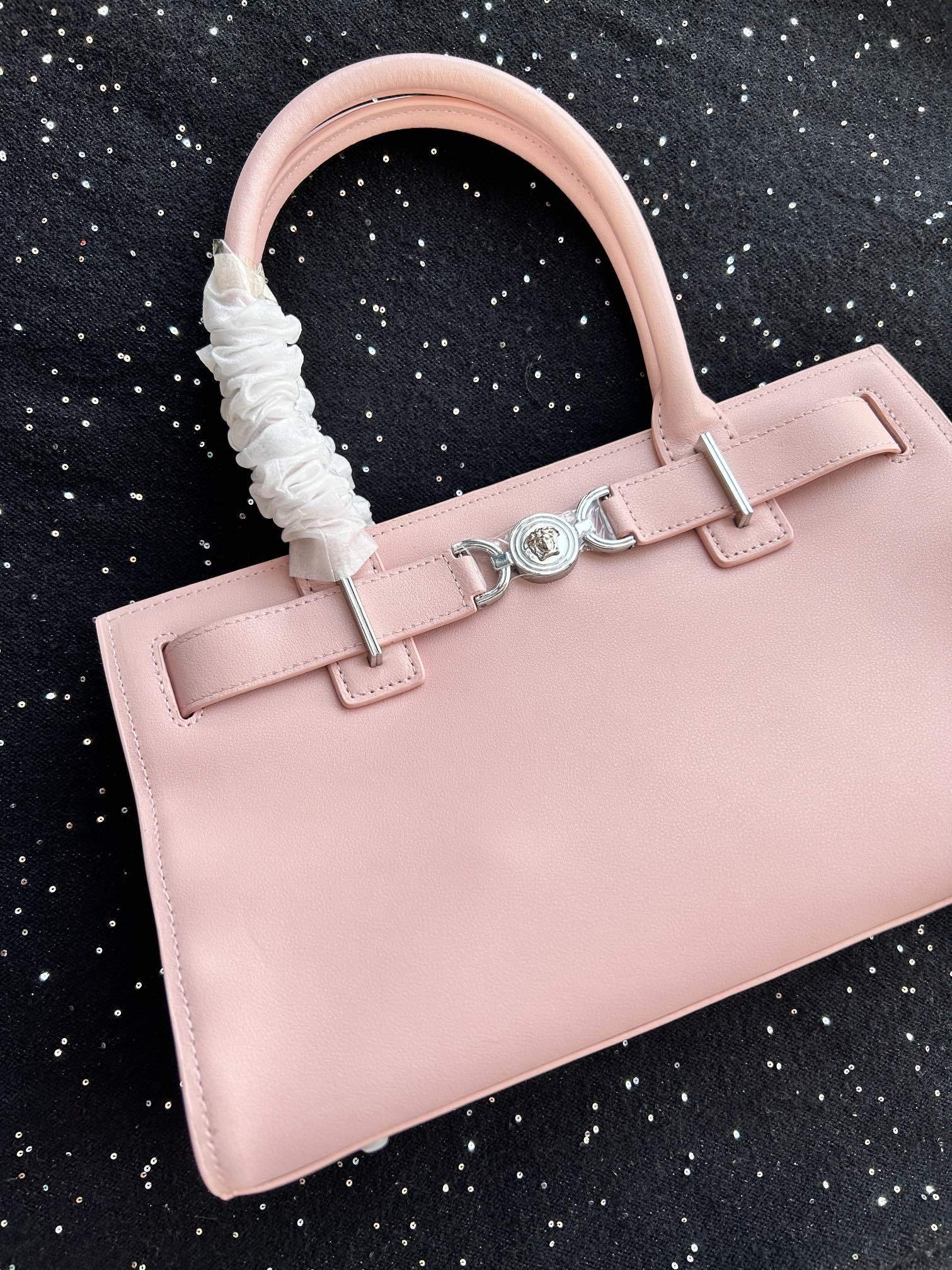 Stunning Versace Inspired Pink Top Handle Bag with silver Medusa clasp detail