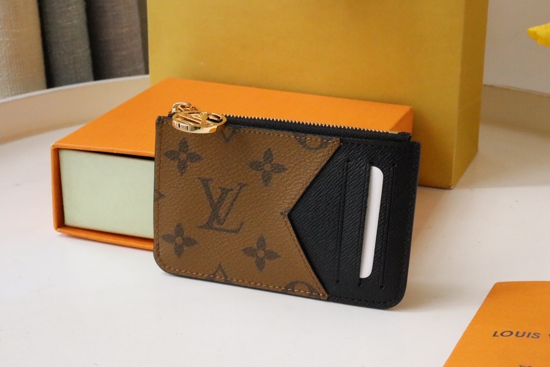 LV Monogram Brown Black Card Holder - LV Monogram Brown & Black Zipped