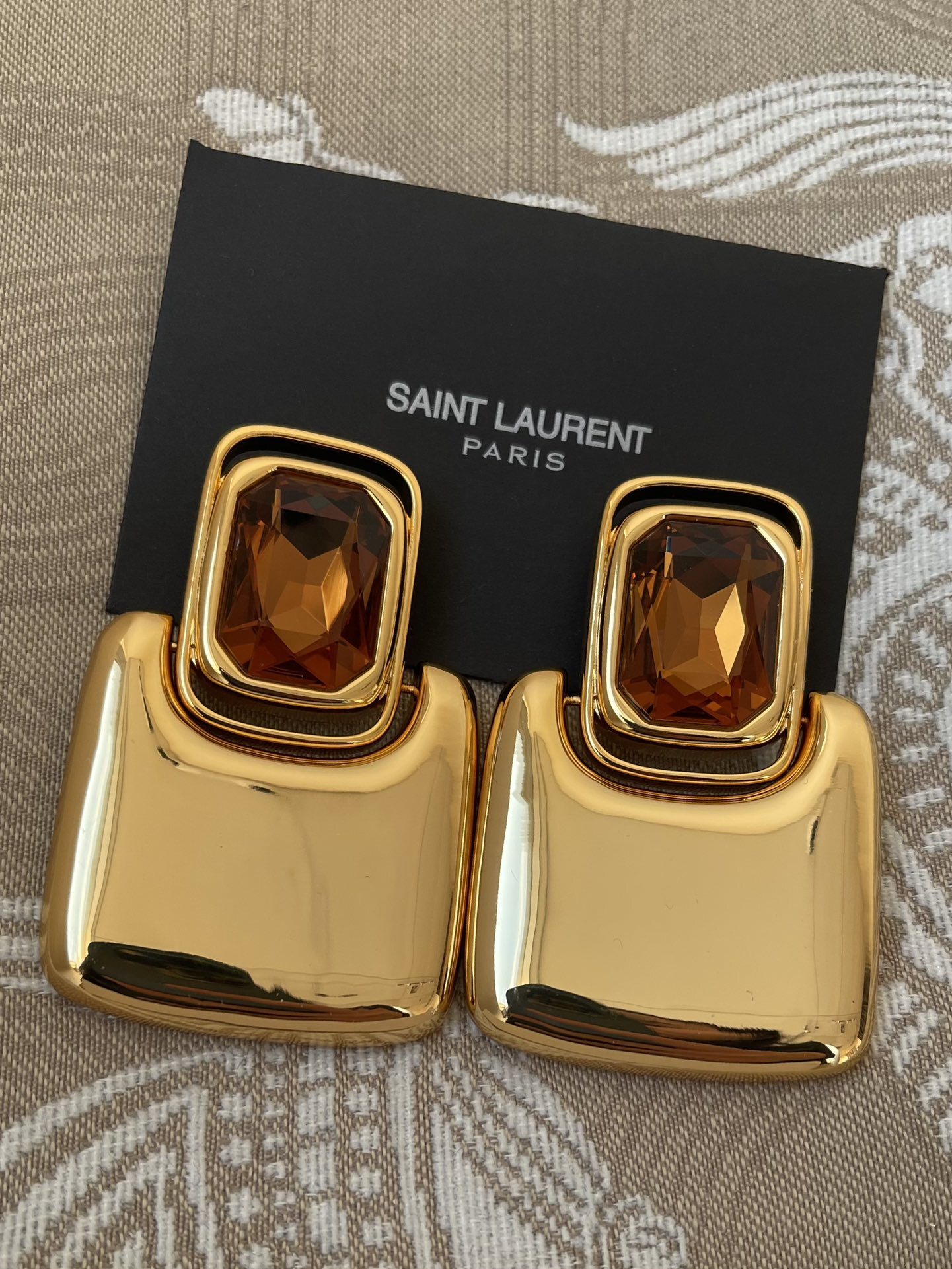 Saint Laurent Gold & Amber Crystal Earrings – Statement Chic