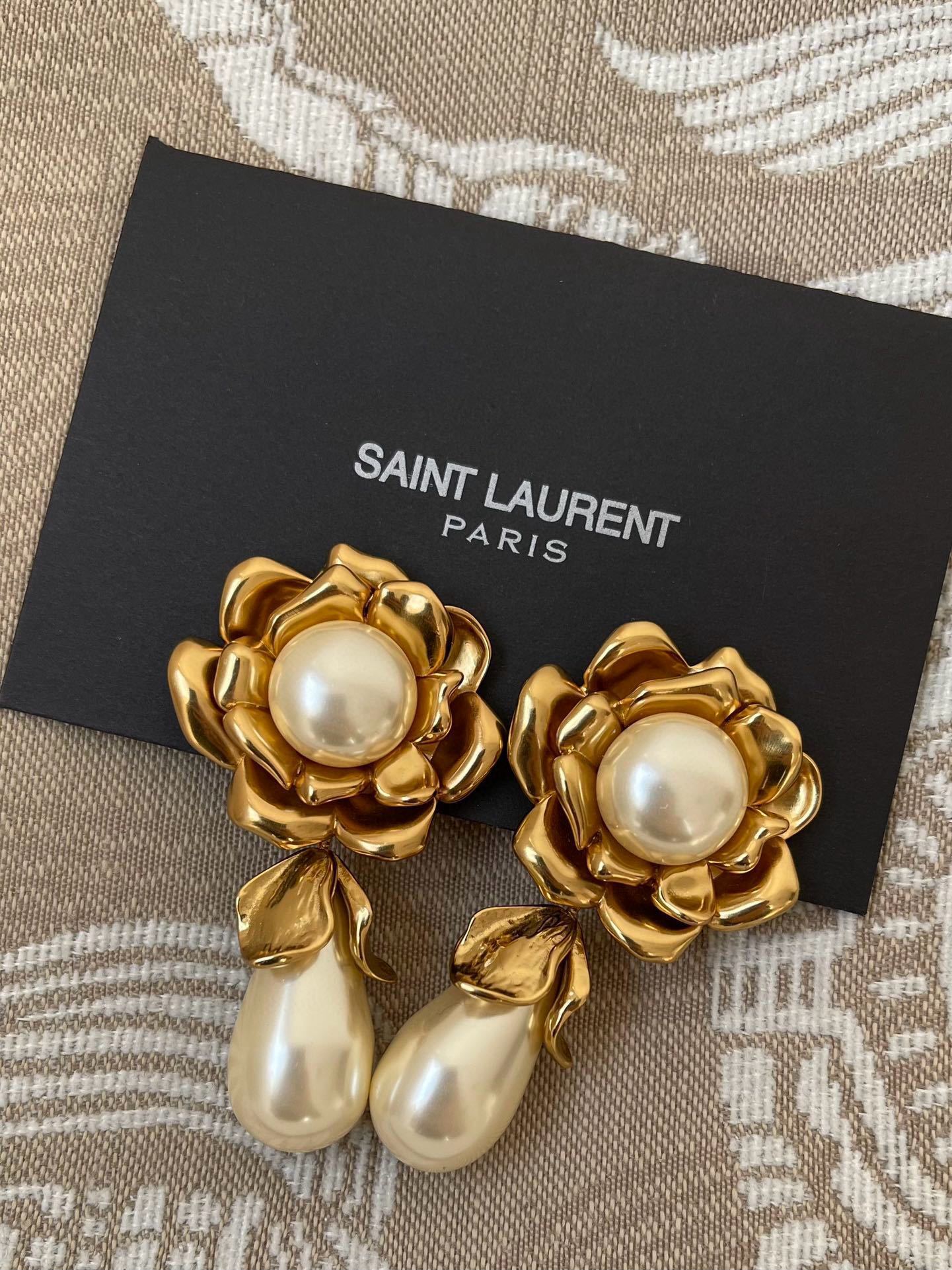 gold Saint Laurent Pearl Drop Earrings – Saint Laurent Gold Flower