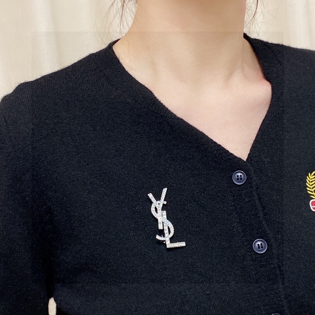 Saint Laurent Crystal YSL Brooch silver designer – Saint Laurent