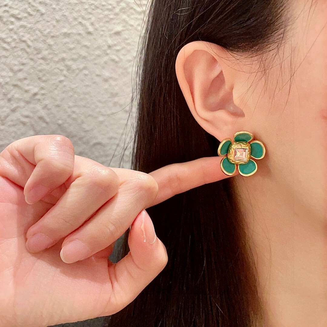Green Enamel Flower Studs – Gold Trim & Crystal Center