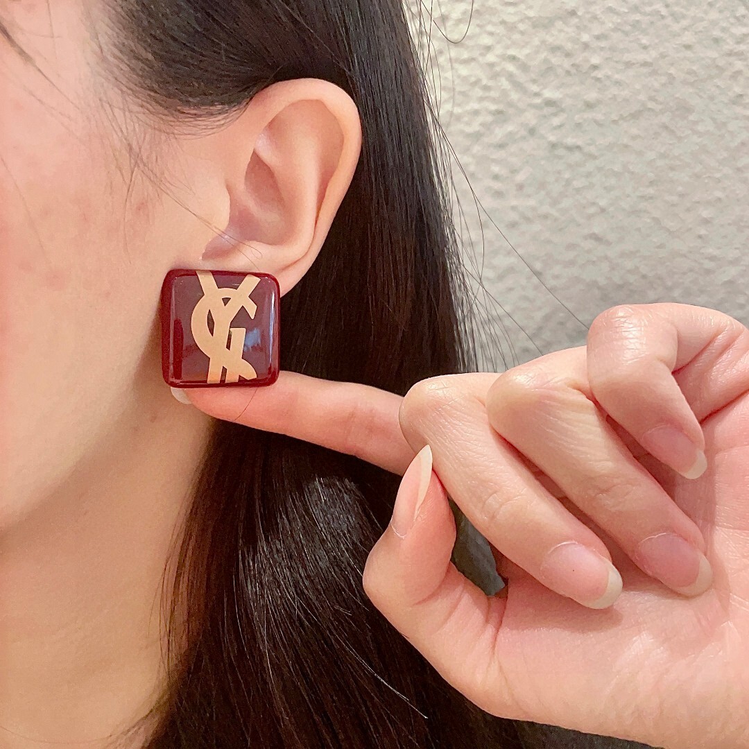 Saint Laurent Burgundy Square Logo Earrings – Designer Studs