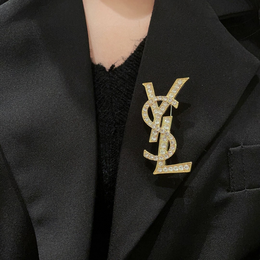 Saint Laurent Gold Crystal Logo Brooch