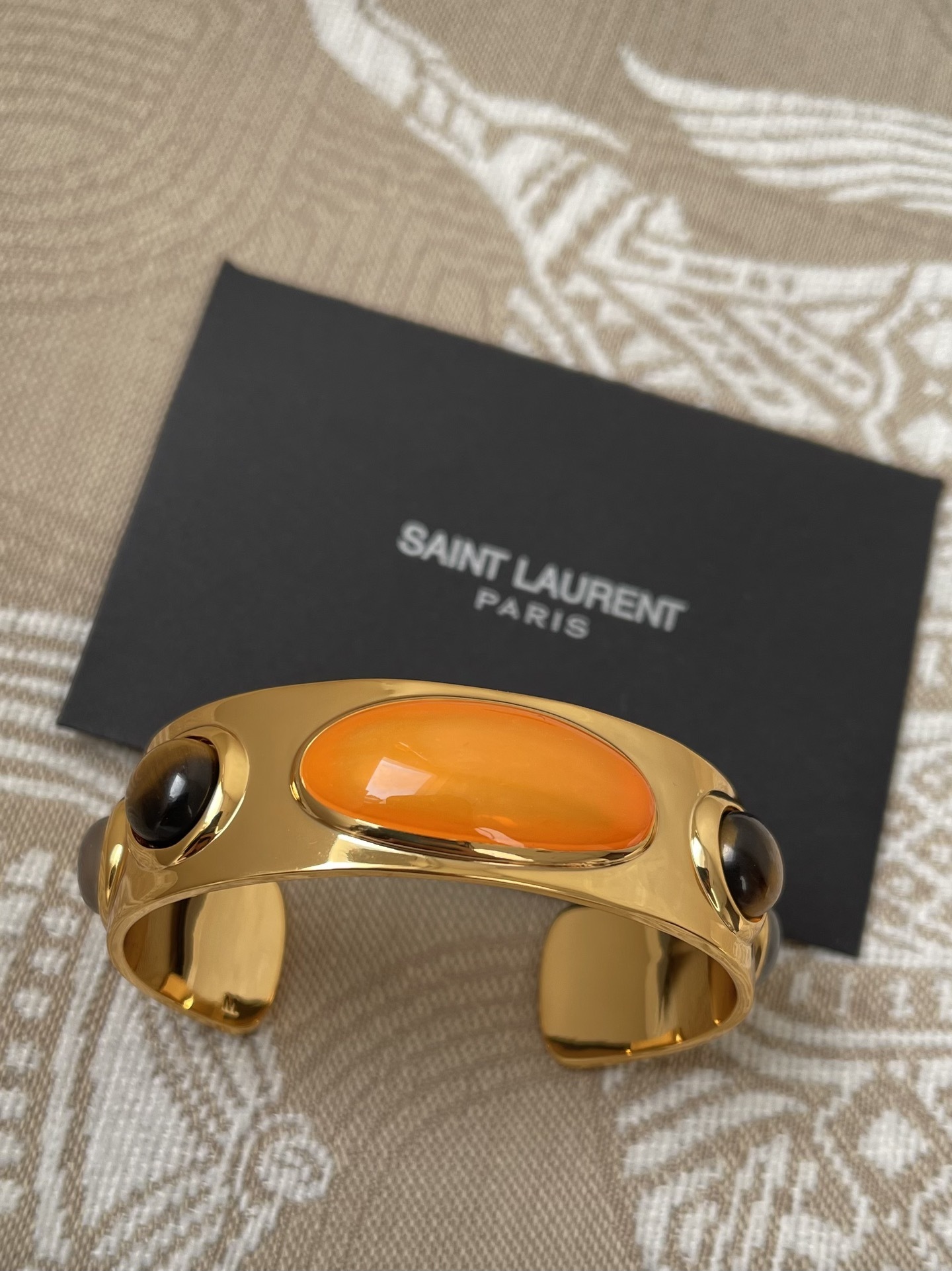 Saint Laurent Gold Cuff Bracelet with Amber and Tiger Eye stones