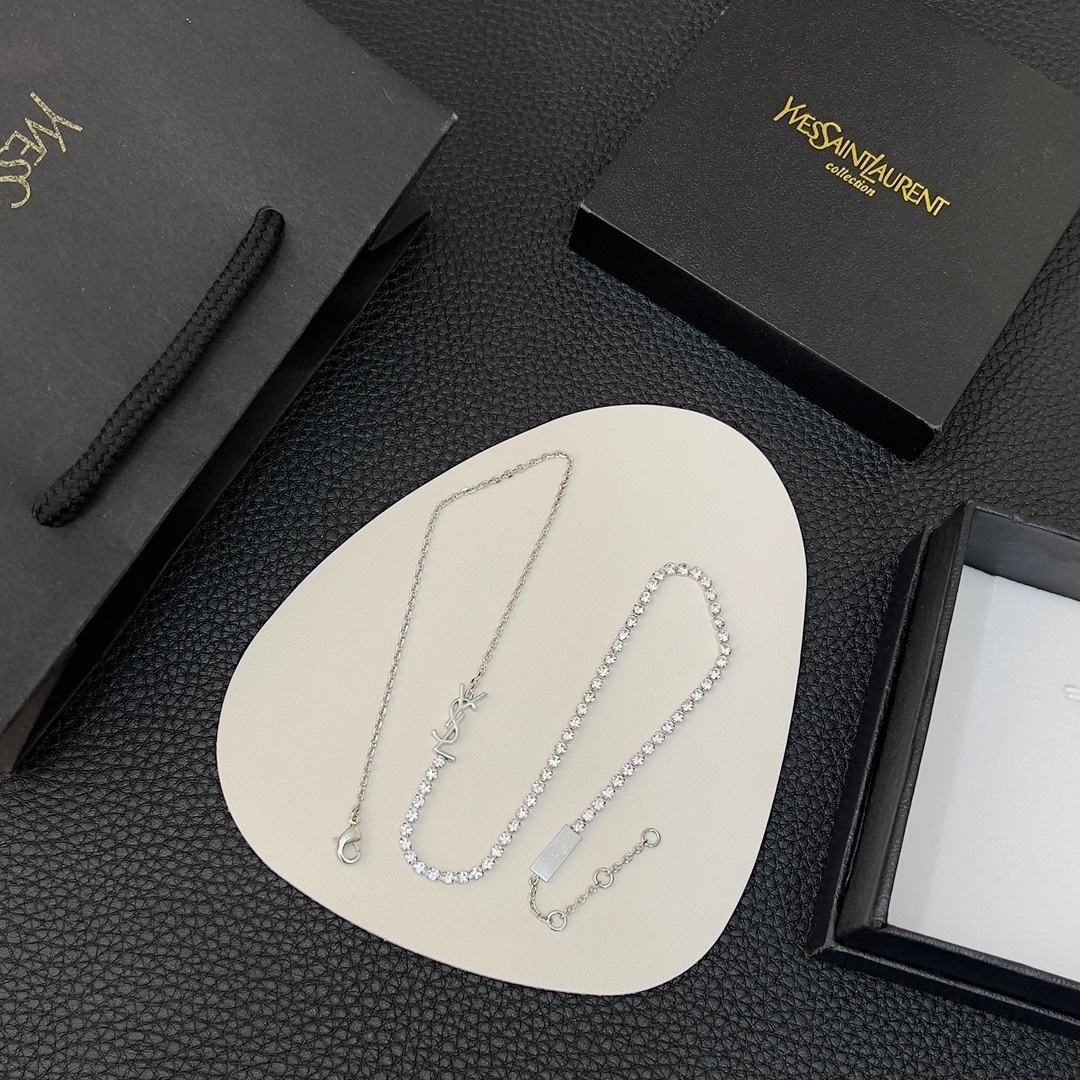 designer YSL Silver Crystal Tennis Necklace – YSL Silver Crystal
