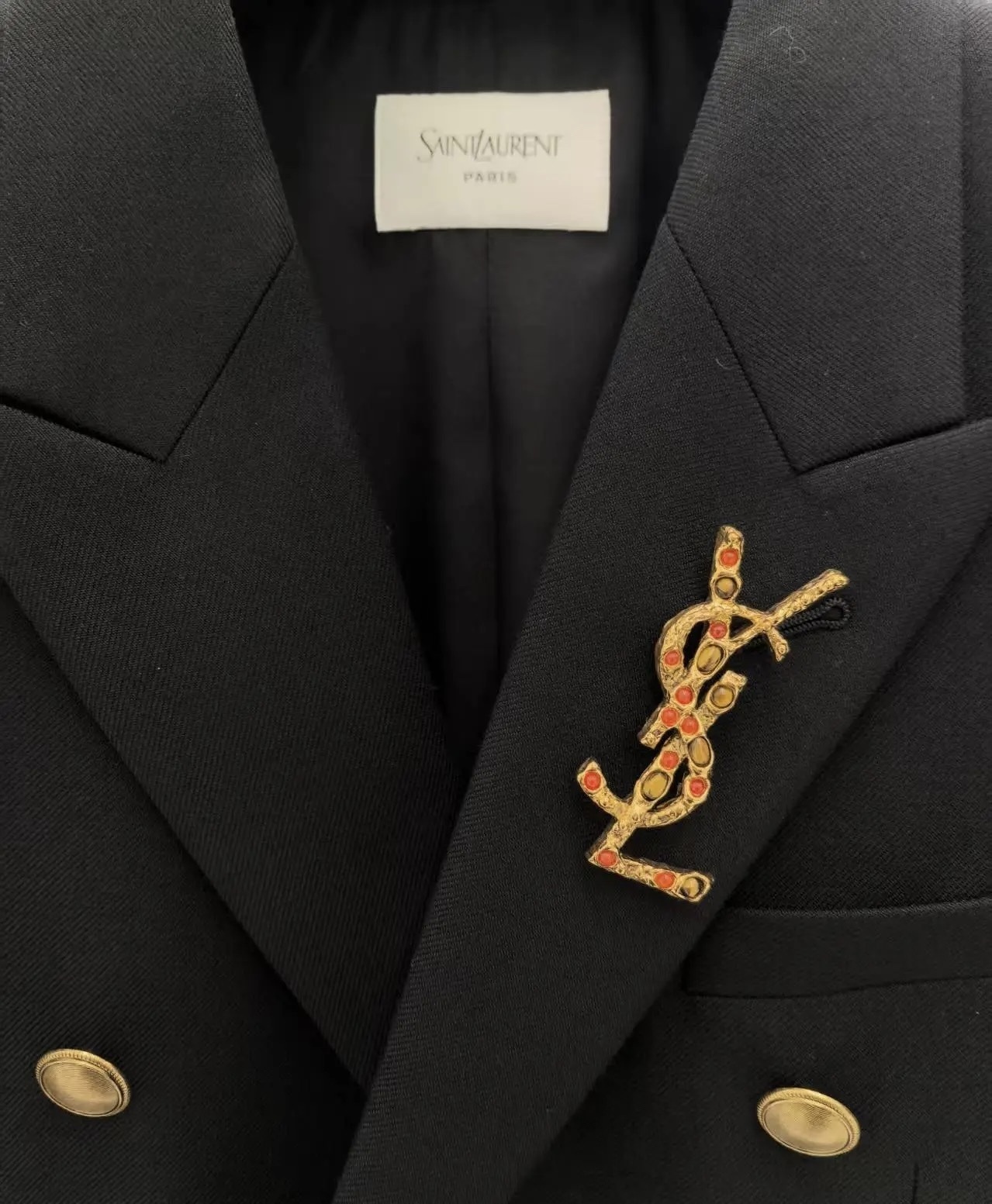 red crystal Saint Laurent Gold YSL Brooch