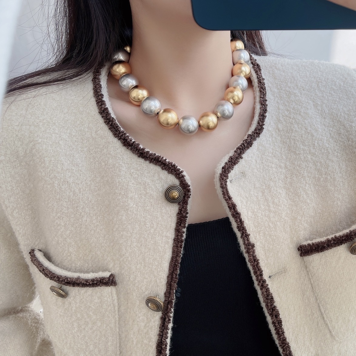 Two-Tone Bead Necklace – Gold and Silver Spheres