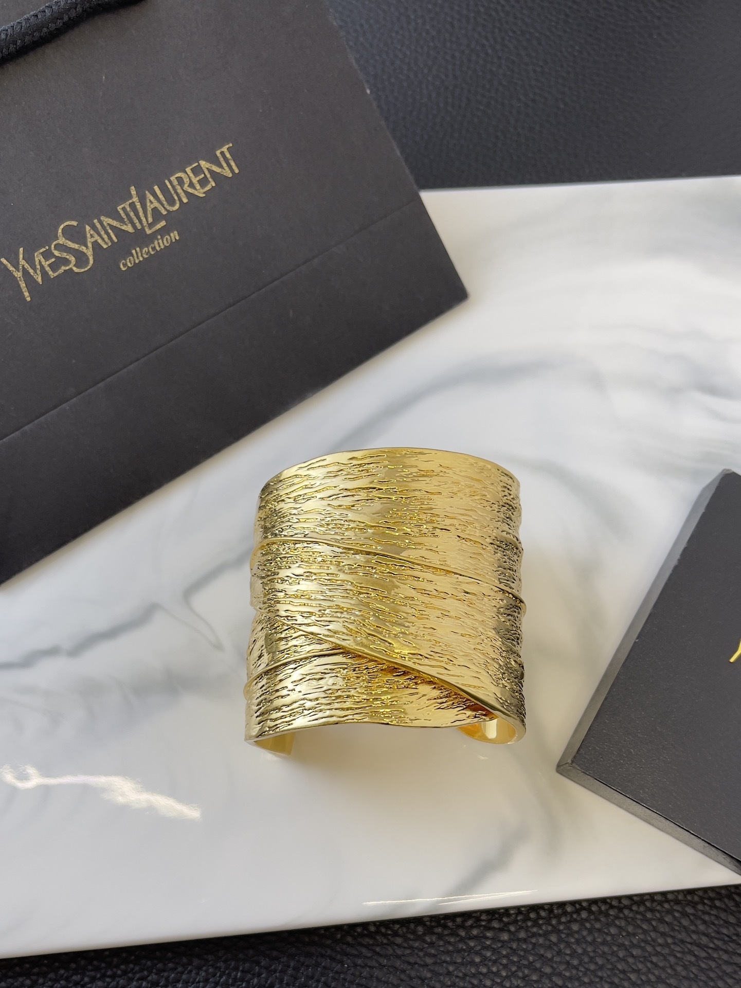 YSL Textured Gold Cuff – Yves Saint Laurent Wide Bracelet