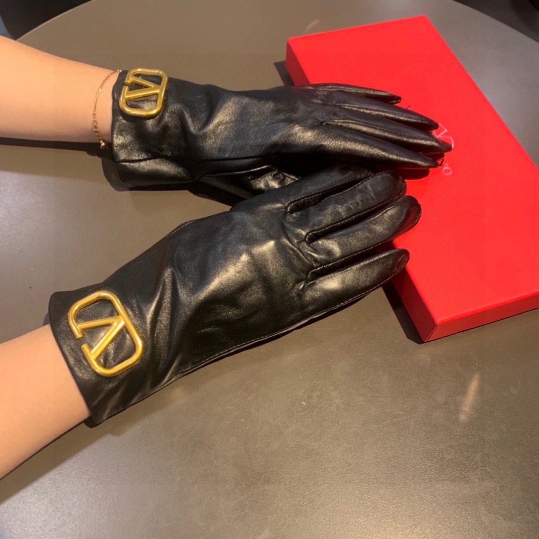 Valentino Black Leather Gloves Gold Logo luxury – Valentino Black