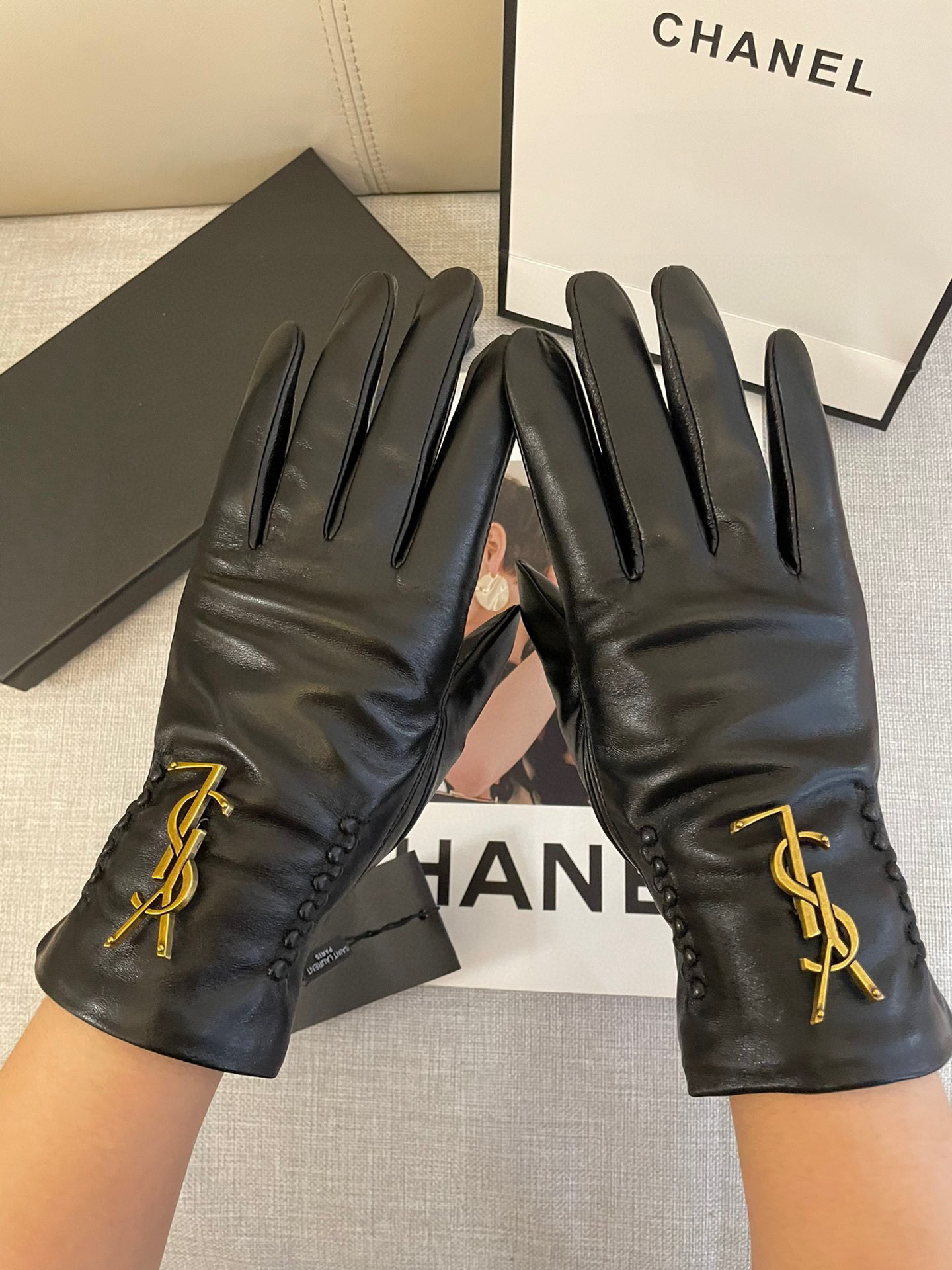 Saint Laurent Black Leather Gloves Gold YSL Logo 2