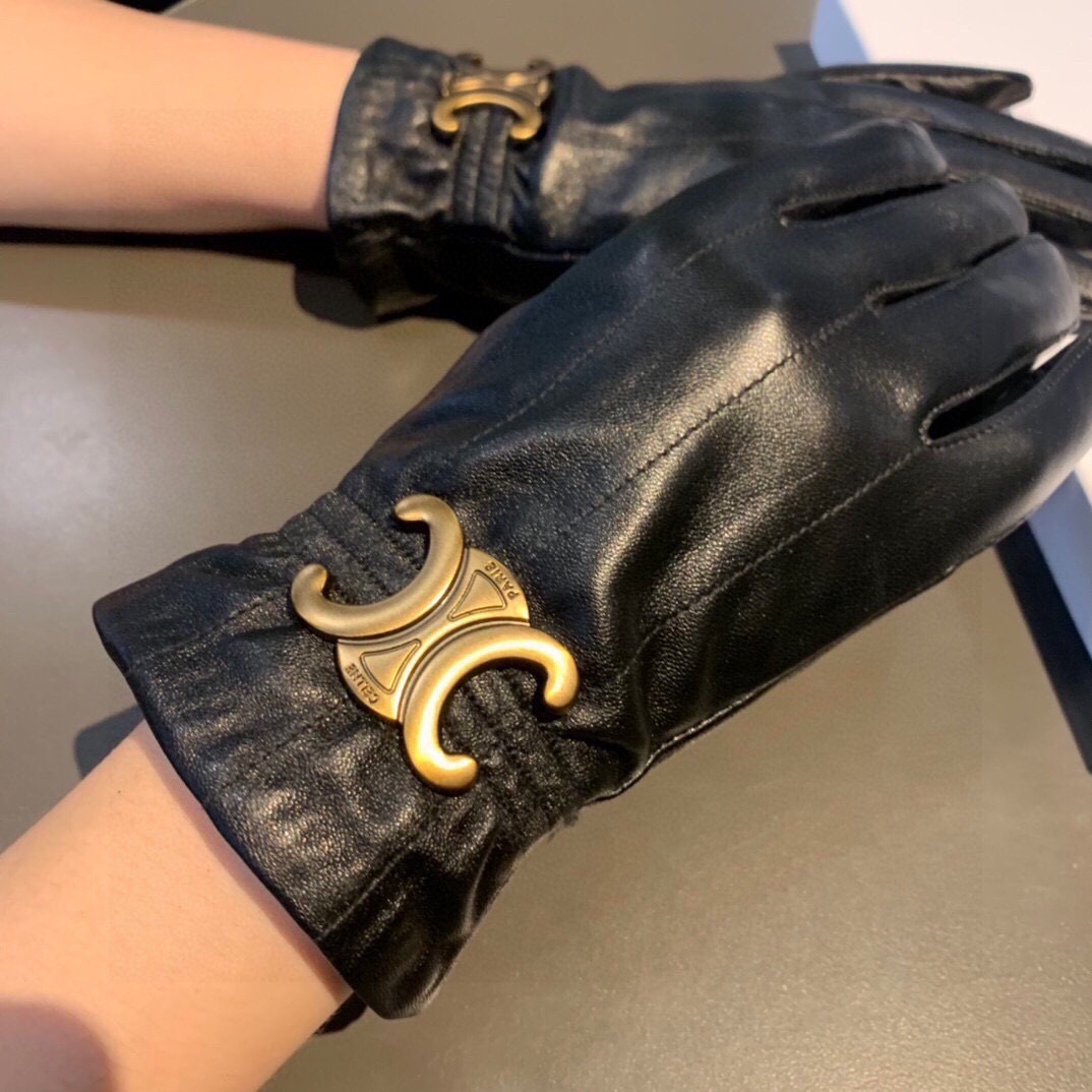 gold tone Celine Black Leather Gloves – Celine Black Leather Gloves