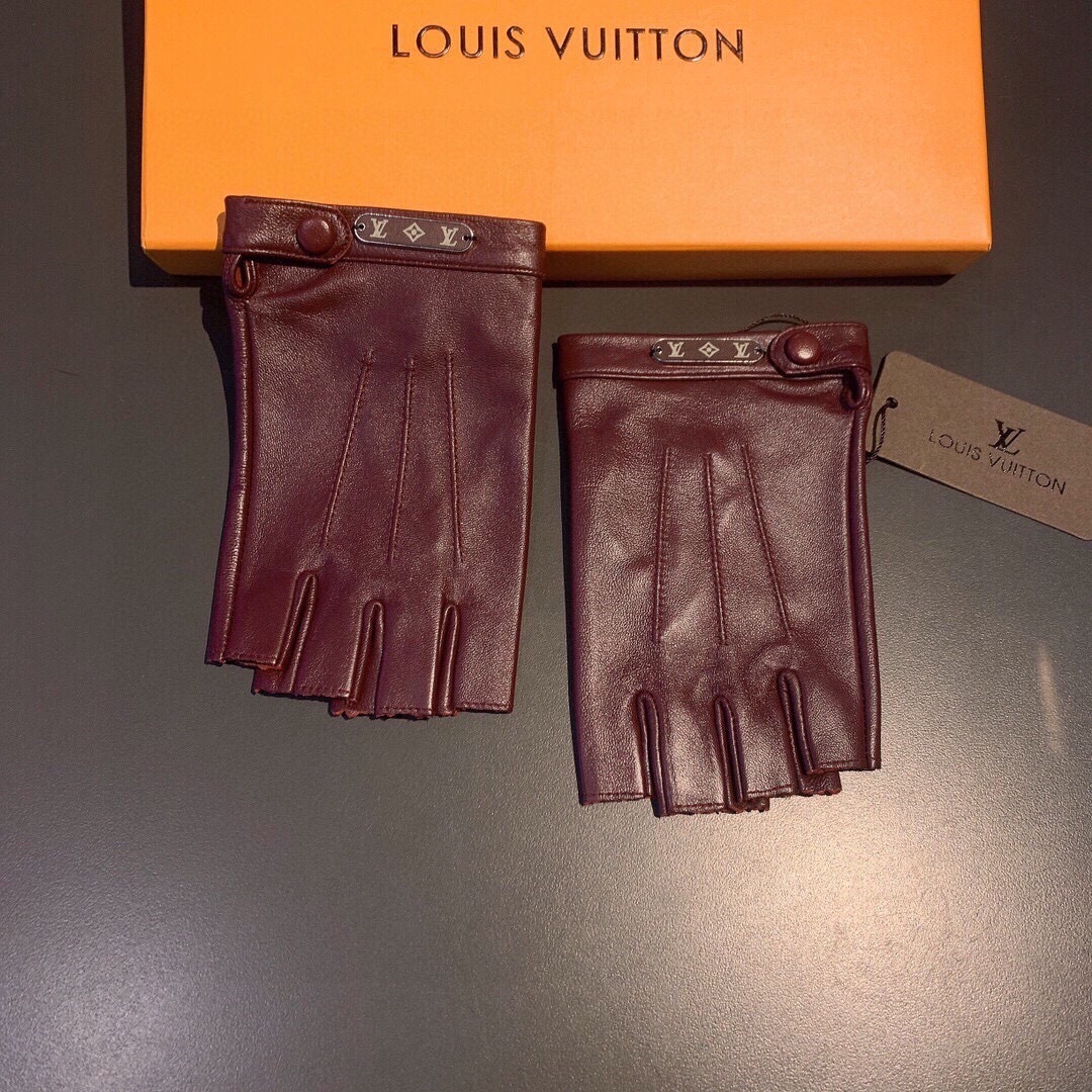 designer Louis Vuitton Burgundy Leather Fingerless Gloves – Louis