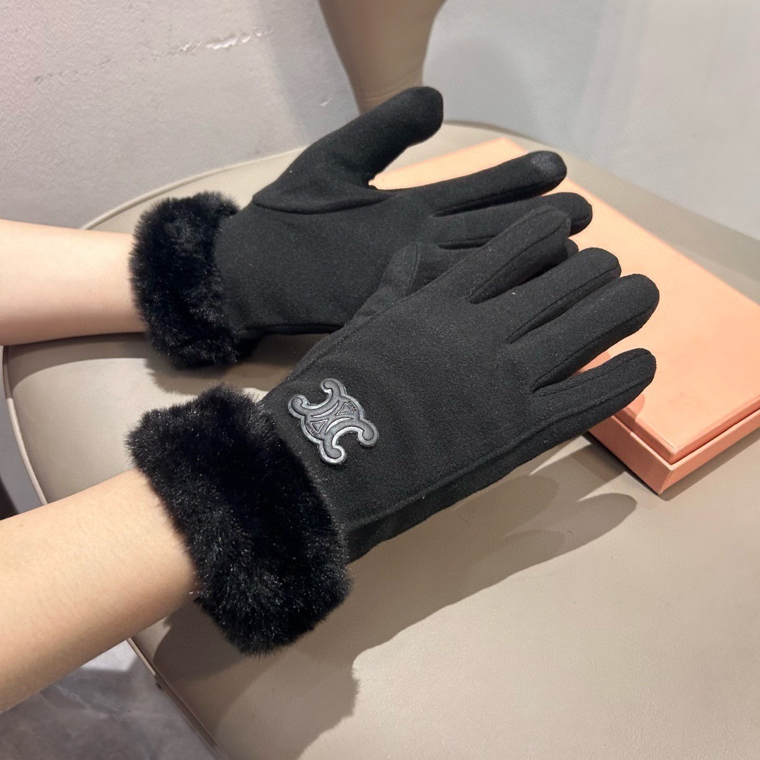 Celine Black Wool Gloves fur – Celine Black Wool Gloves – Fur Trim