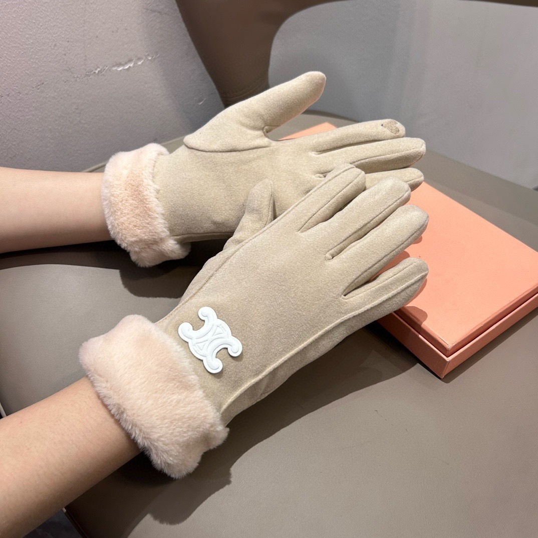 fur trimmed Celine Beige Suede Gloves