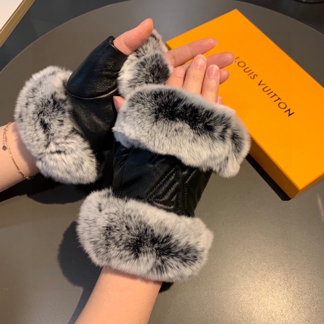 LV Black Leather Fur Trim Gloves – Fingerless